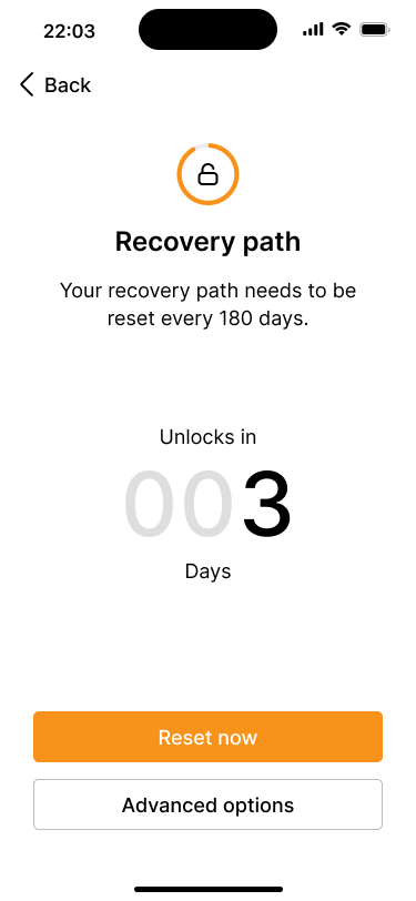Recovery path detail screen showing countdown indicating that the recovery path will activate in three days.