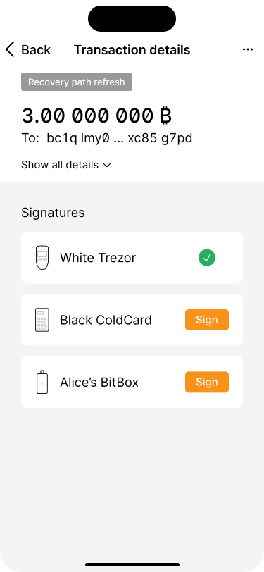 Transaction detail screen, showing that the transaction has been signed by the Trezor device. Two signatures are still missing.