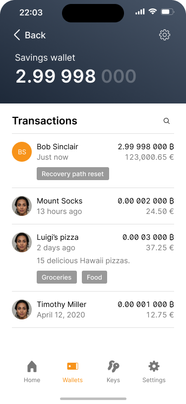 Wallet activity screen showing the recovery path reset transaction.