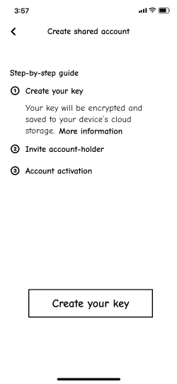 3-step screen with 'Create your key' highlighted.