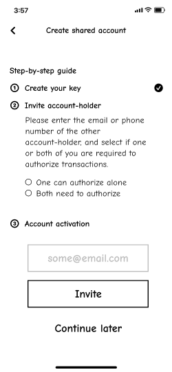 3-step screen with 'Invite wallet-holder' highlighted.