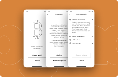 Three mobile mock-ups of a user flow for wallet security upgrades