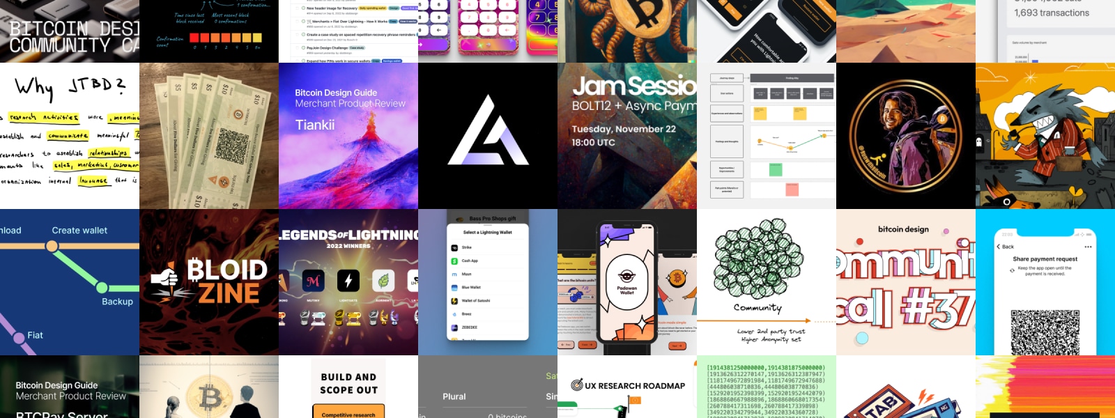 Grid of images from the Bitcoin Design newsletter content